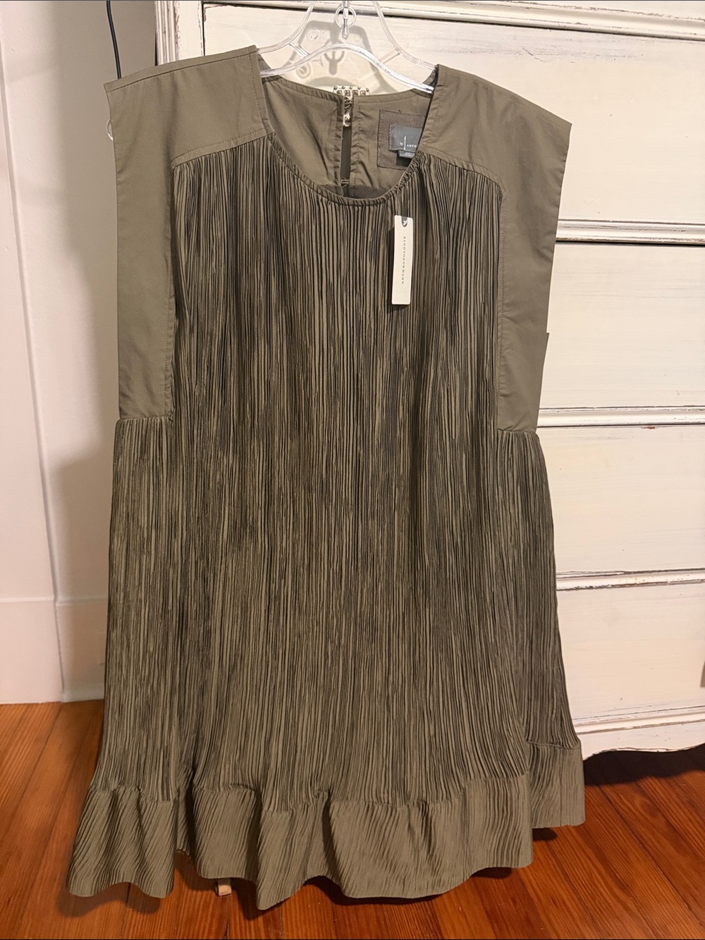 Anthropologie Olive Green Pleated Ruffle Hem Mini Dress